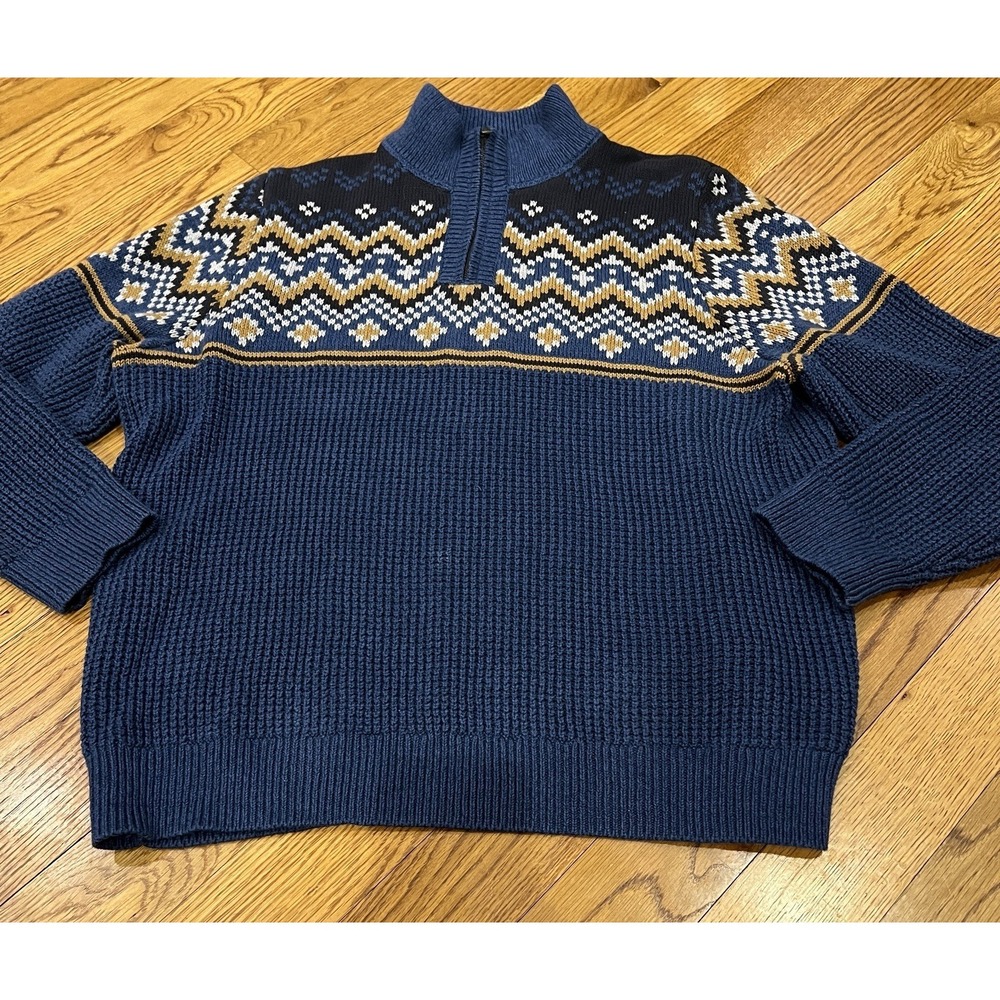 LL Bean Sweater  Mens Size XL Waffle Knit Fair Isle Organic Cotton Blue